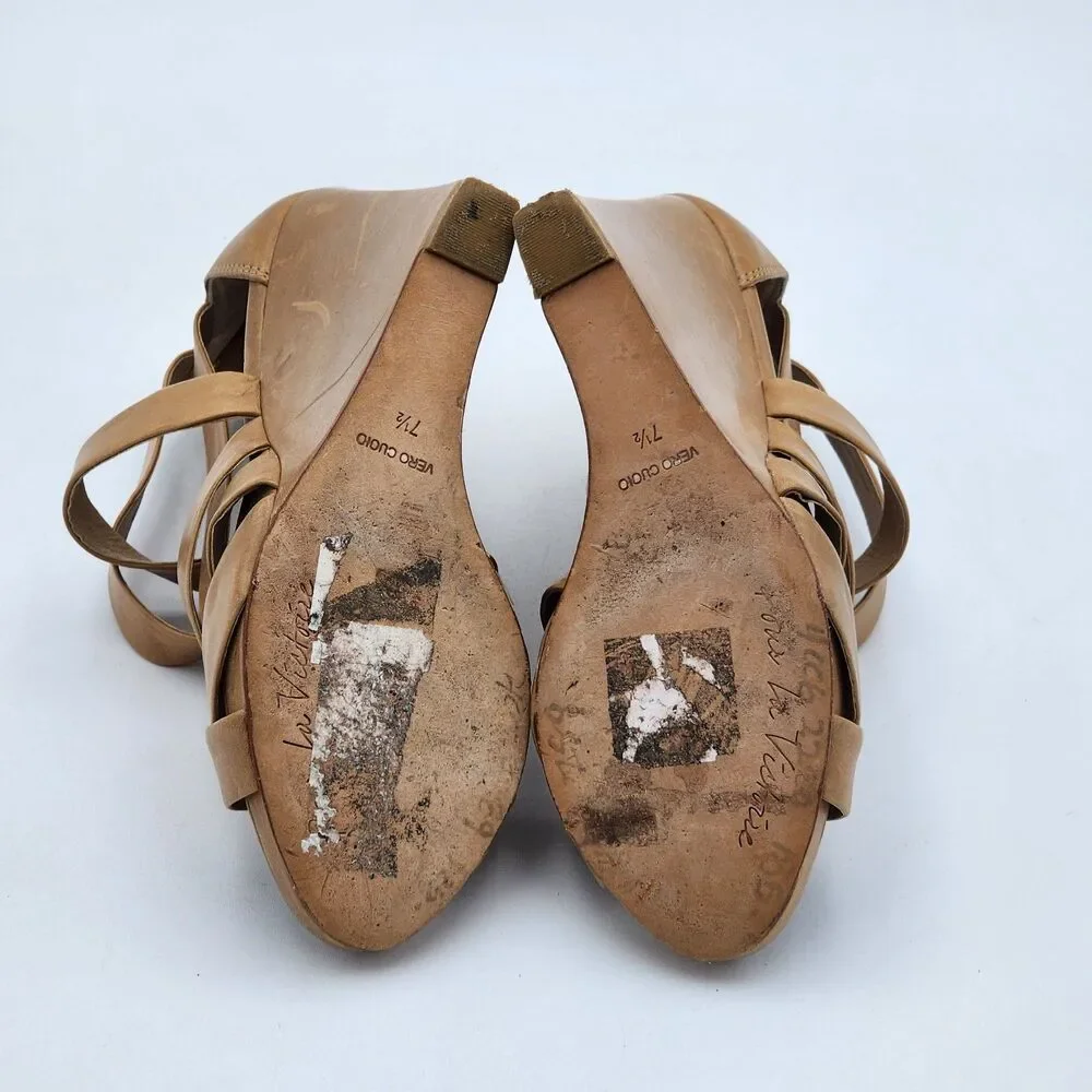 Pour La Victoire Strappy Leather Wedge Platform Heel Sandals Zipper Tan Size 7.5